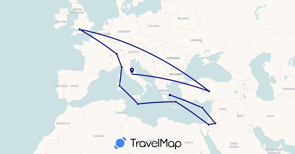 TravelMap itinerary: driving in Switzerland, Cyprus, United Kingdom, Greece, Israel, Italy, Jordan, Malta, Turkey (Asia, Europe)